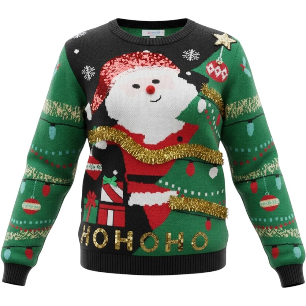 No Boundaries Santa Ugly Christmas Sweater Green Black Sequin Tinsel Pom XXL